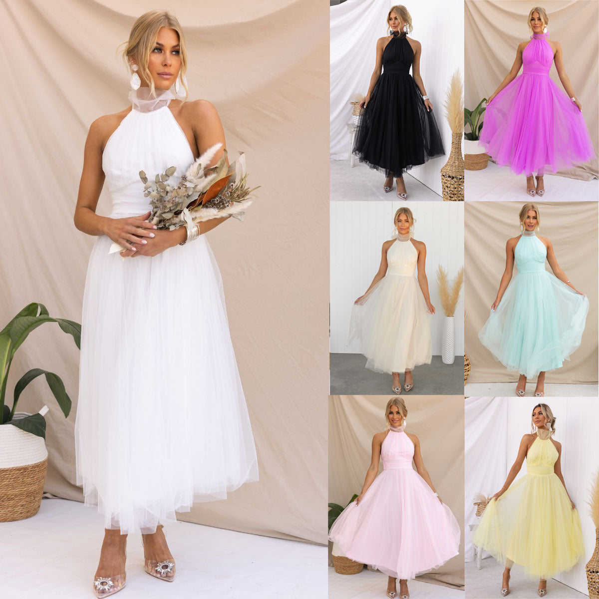 Precella - Elegant midi kjole i tulle med åben ryg
