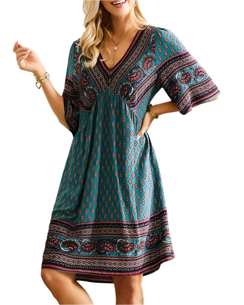 Nancie - Boho smart kjole med V-hals med tryk