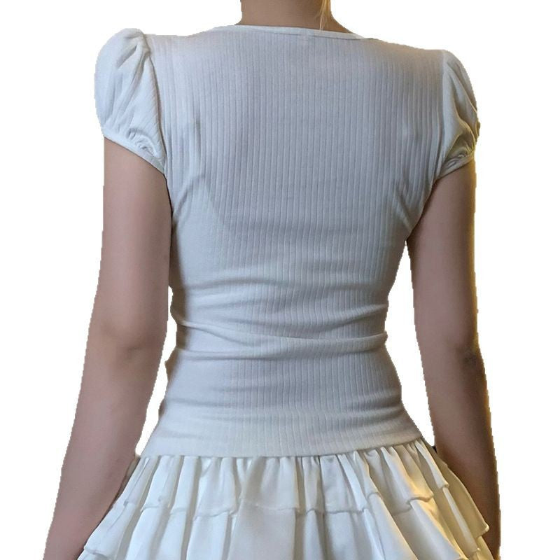 PuffMeow Puffærmet Katteprint Top med Sløjfedetail
