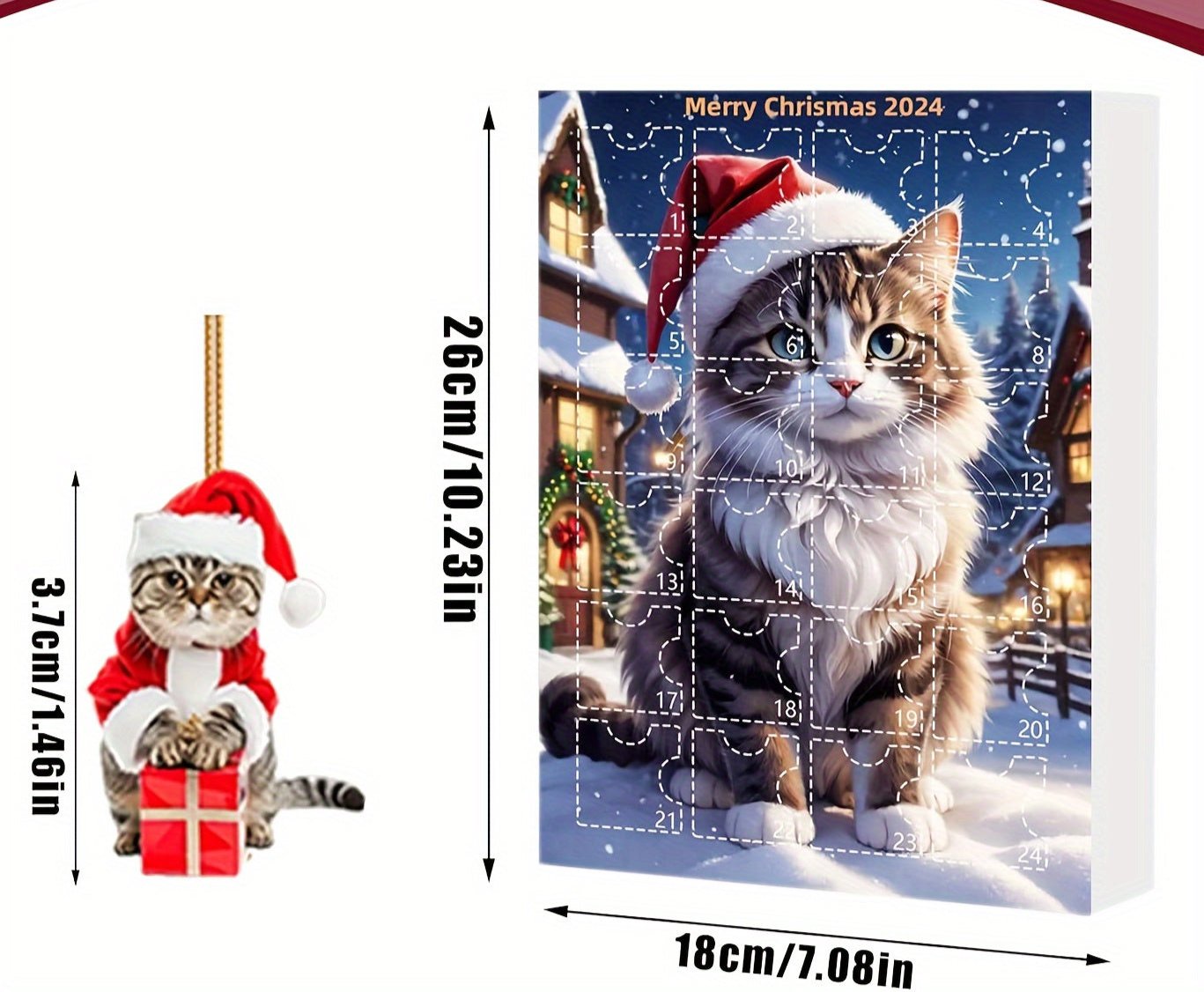 Vintage-julekalender med akryl-katthængere 2025, 24-dages juleoptælling for katteelskere