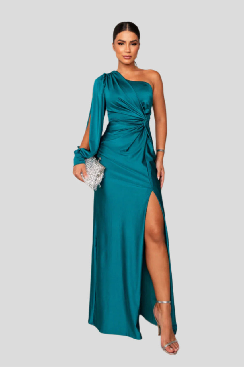 Amelia One-Shoulder Satinkjole – Elegant Asymmetrisk Aftenkjole