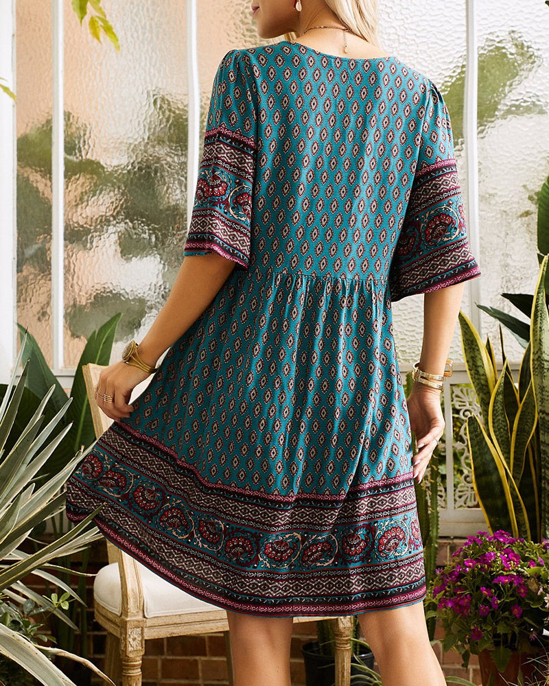 Nancie - Boho smart kjole med V-hals med tryk