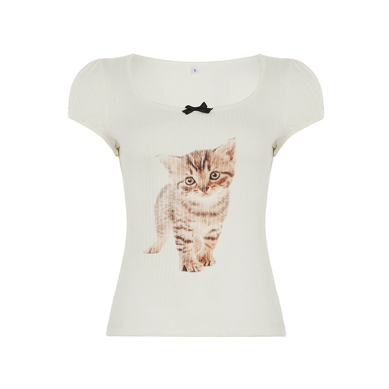 PuffMeow Puffærmet Katteprint Top med Sløjfedetail