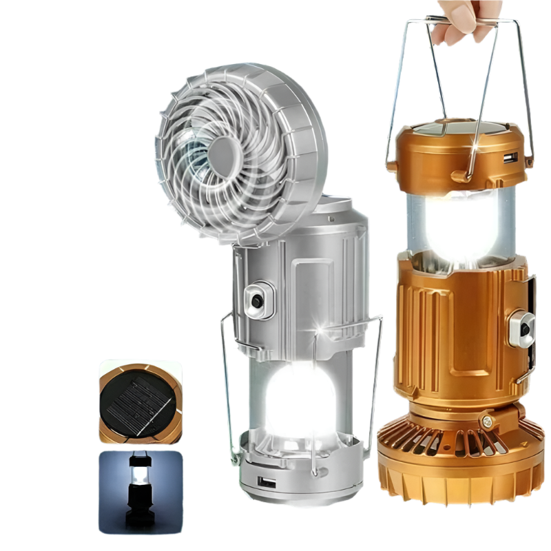 SolarBreeze LED Campinglanterne – Sammenfoldelig Lys med Indbygget Ventilator og USB Genopladelig Strøm