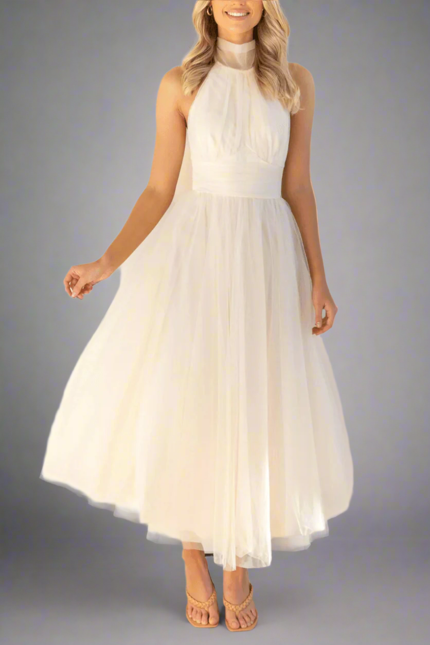 Precella - Elegant midi kjole i tulle med åben ryg