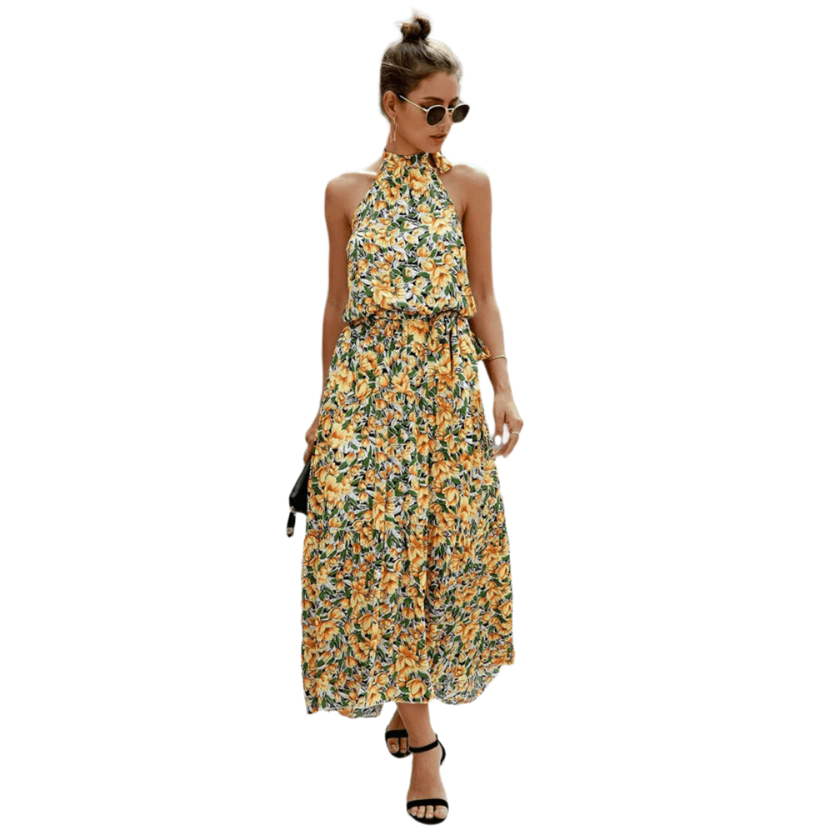 Maribel Blomster Boho Maxikjole med Slips i Hals