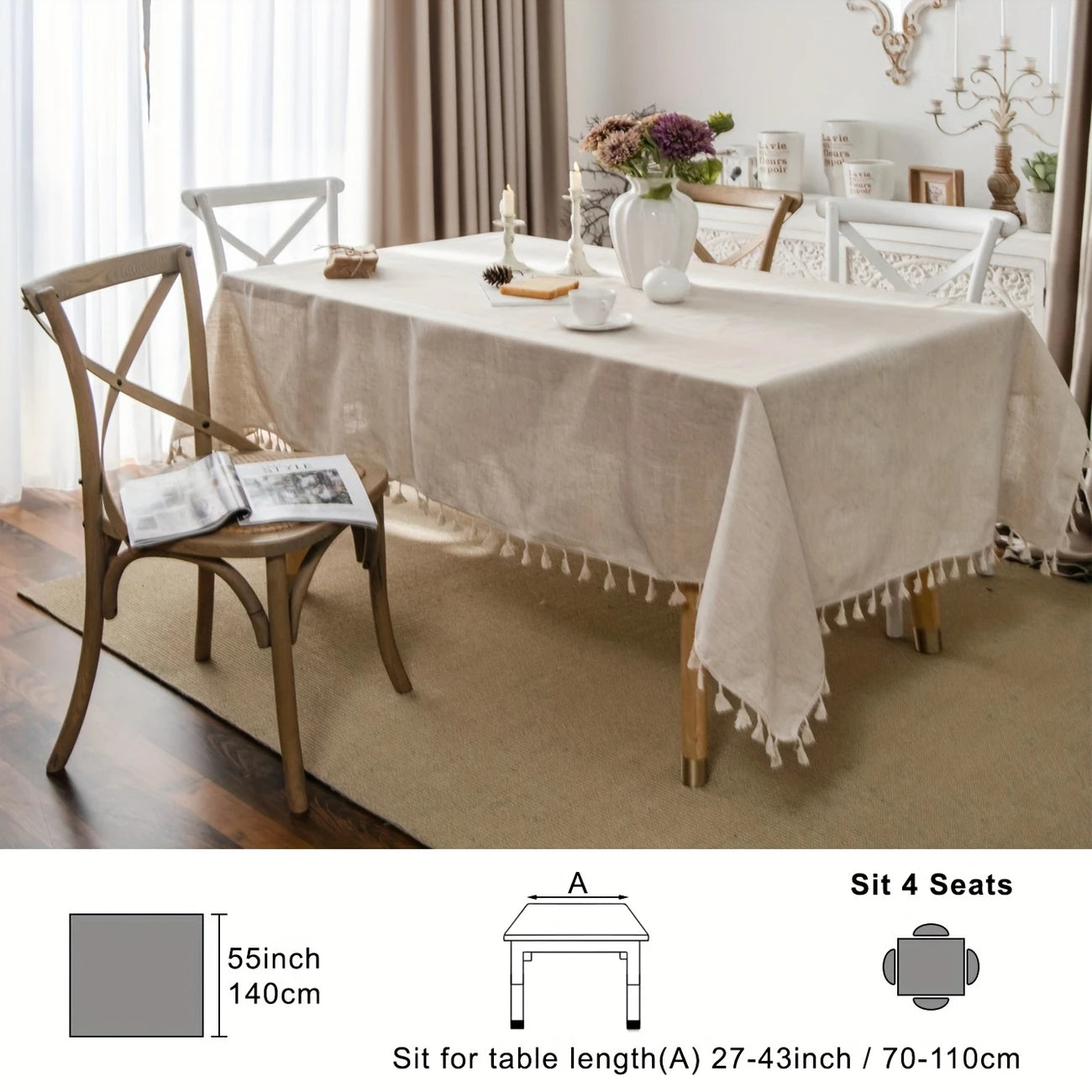 Elegant dug i hør med kvaster – vand-, olie- og pletbestandig, vaskbar