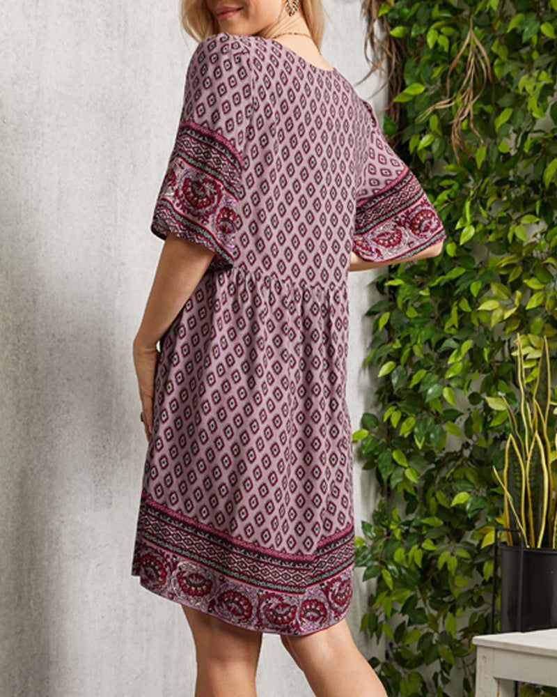 Nancie - Boho smart kjole med V-hals med tryk