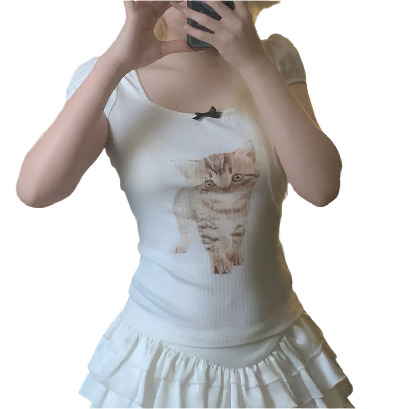 PuffMeow Puffærmet Katteprint Top med Sløjfedetail