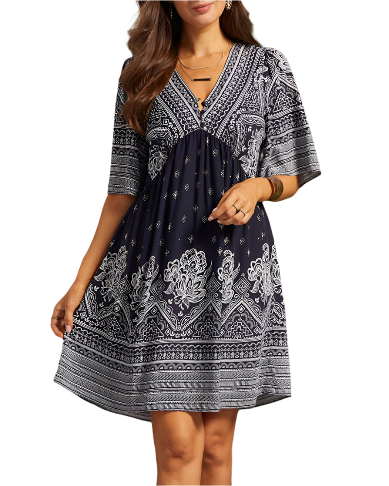 Nancie - Boho smart kjole med V-hals med tryk