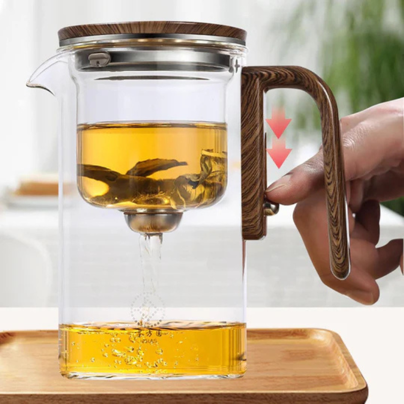 ClearPour Varmebestandig Glas Tekande med Træhåndtag – Elegant Bryg