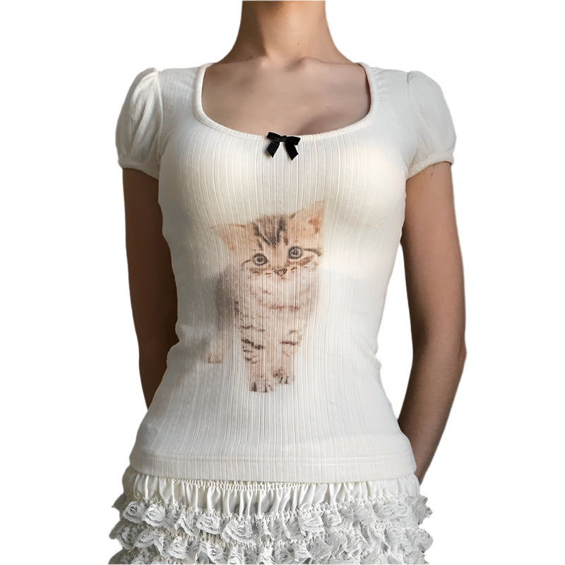 PuffMeow Puffærmet Katteprint Top med Sløjfedetail