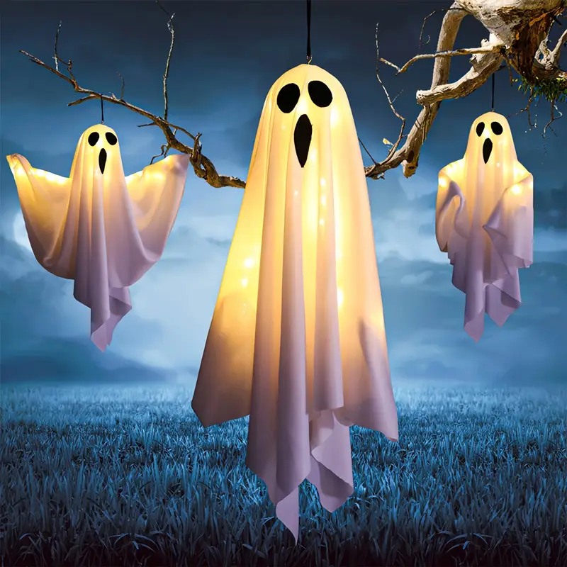 Spøgelses Lanterner med LED Lys – 3 stk. Hængende Halloween Dekoration