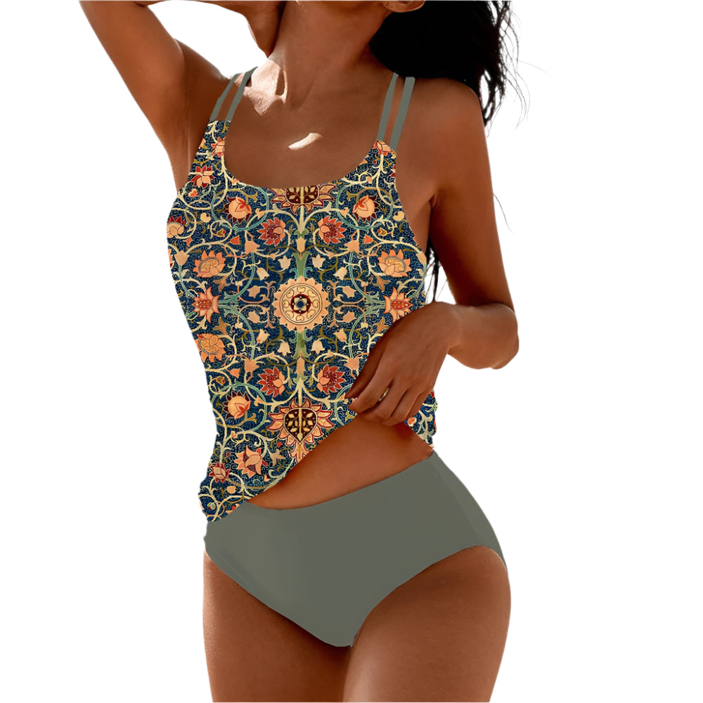 Fiona - Ensemble tankini med mandala print og ensfarvet bund