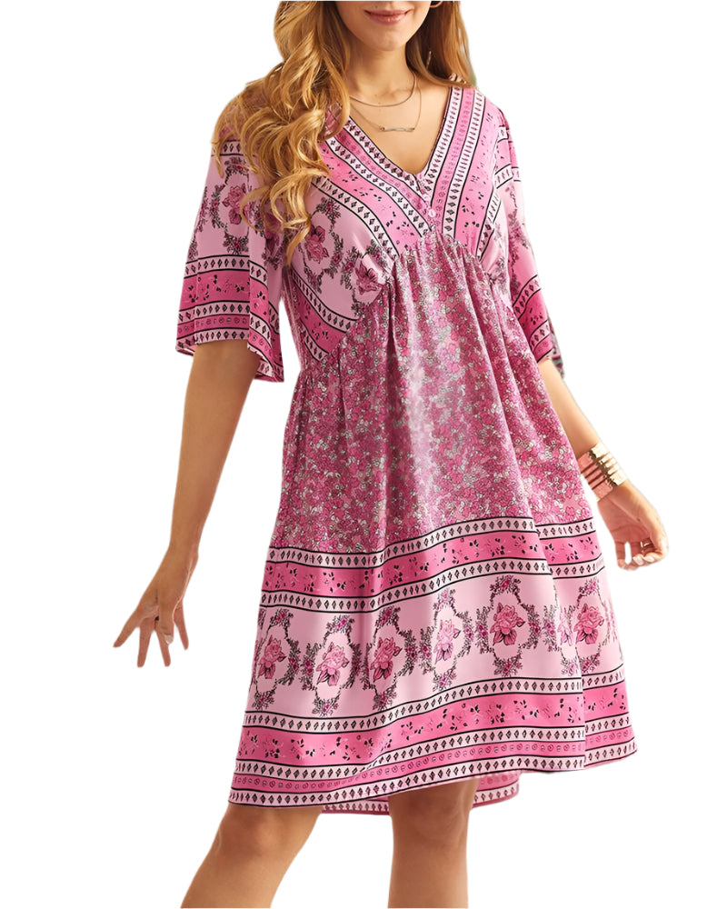Nancie - Boho smart kjole med V-hals med tryk