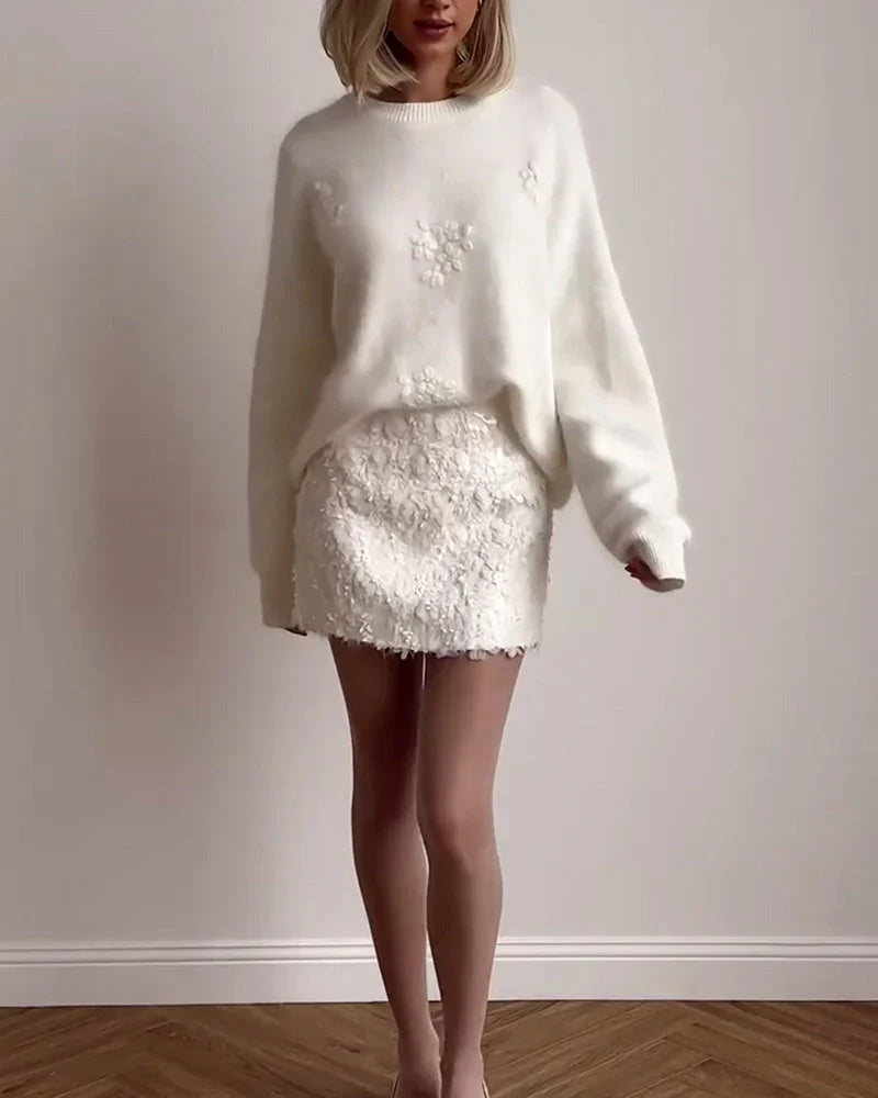 FloraLuxe – Elegant Langærmet Sweater med Blomstermønster