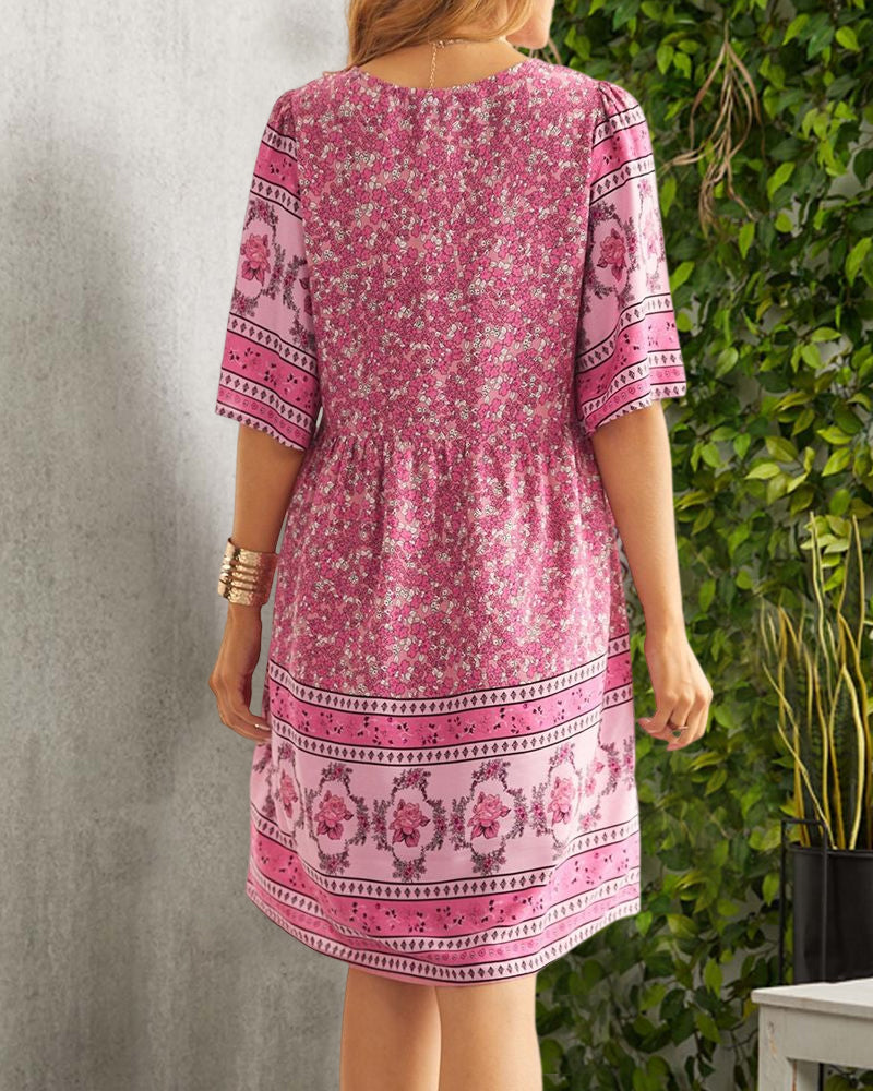 Nancie - Boho smart kjole med V-hals med tryk