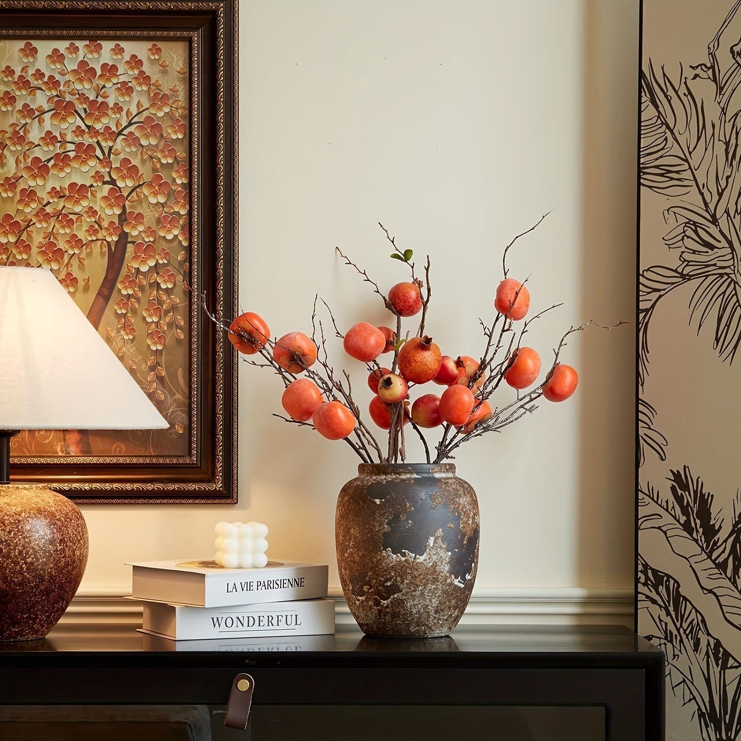 Harvest Bloom Dekorativ Vase – Kunstnerisk Design med Tekstureret Finish og Frugtinspirerede Stængler
