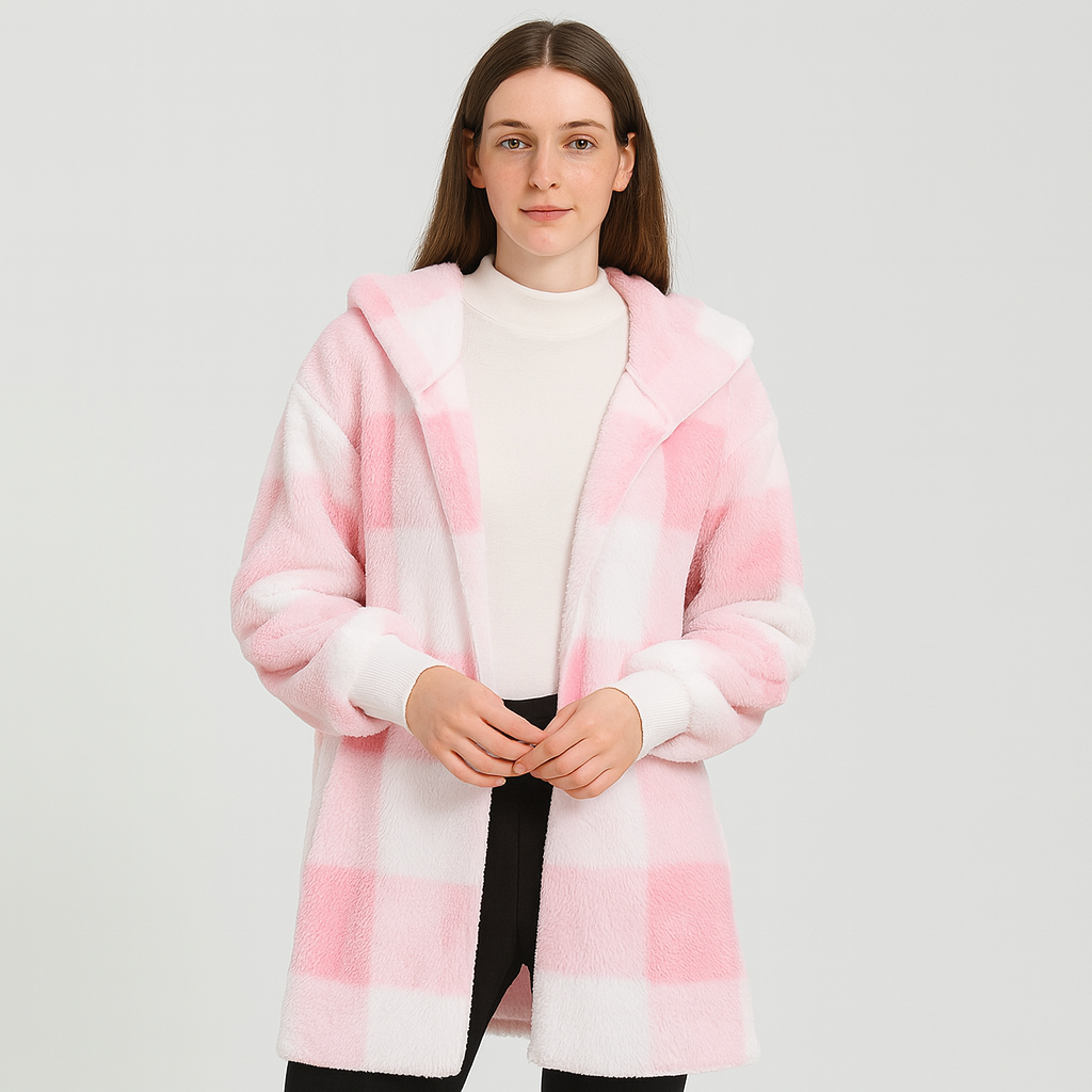Ava | Kvinde Fleece-Cardigan med hætte og ternmønster