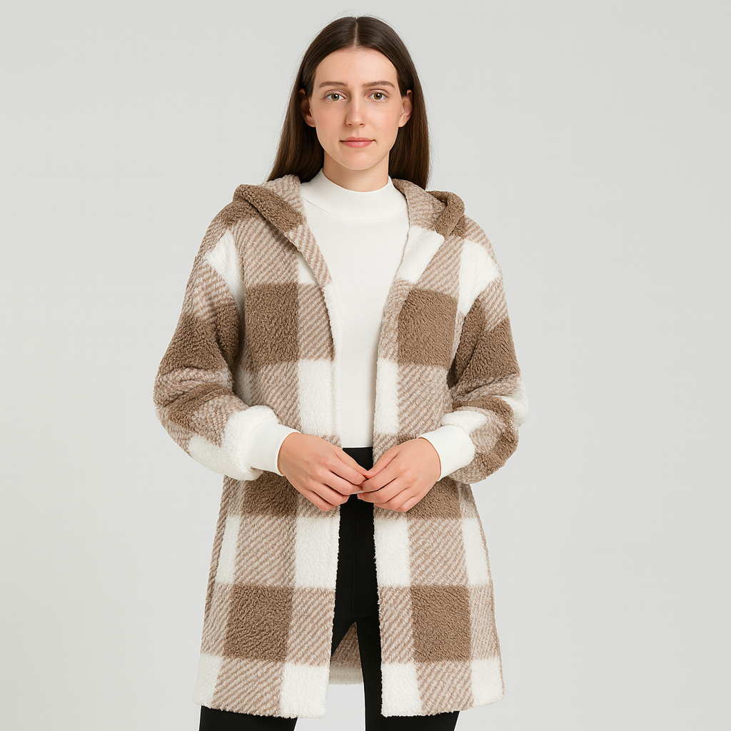 Ava | Kvinde Fleece-Cardigan med hætte og ternmønster