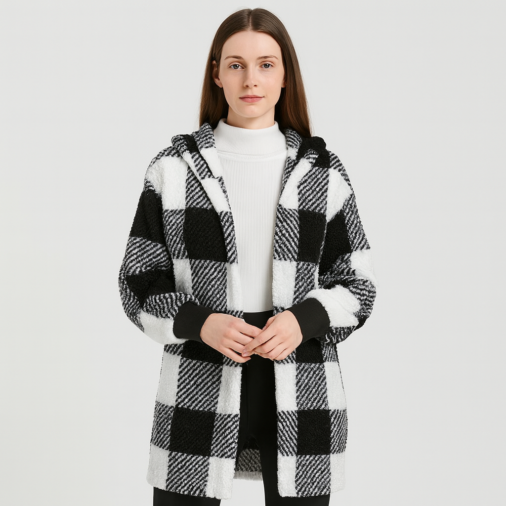 Ava | Kvinde Fleece-Cardigan med hætte og ternmønster