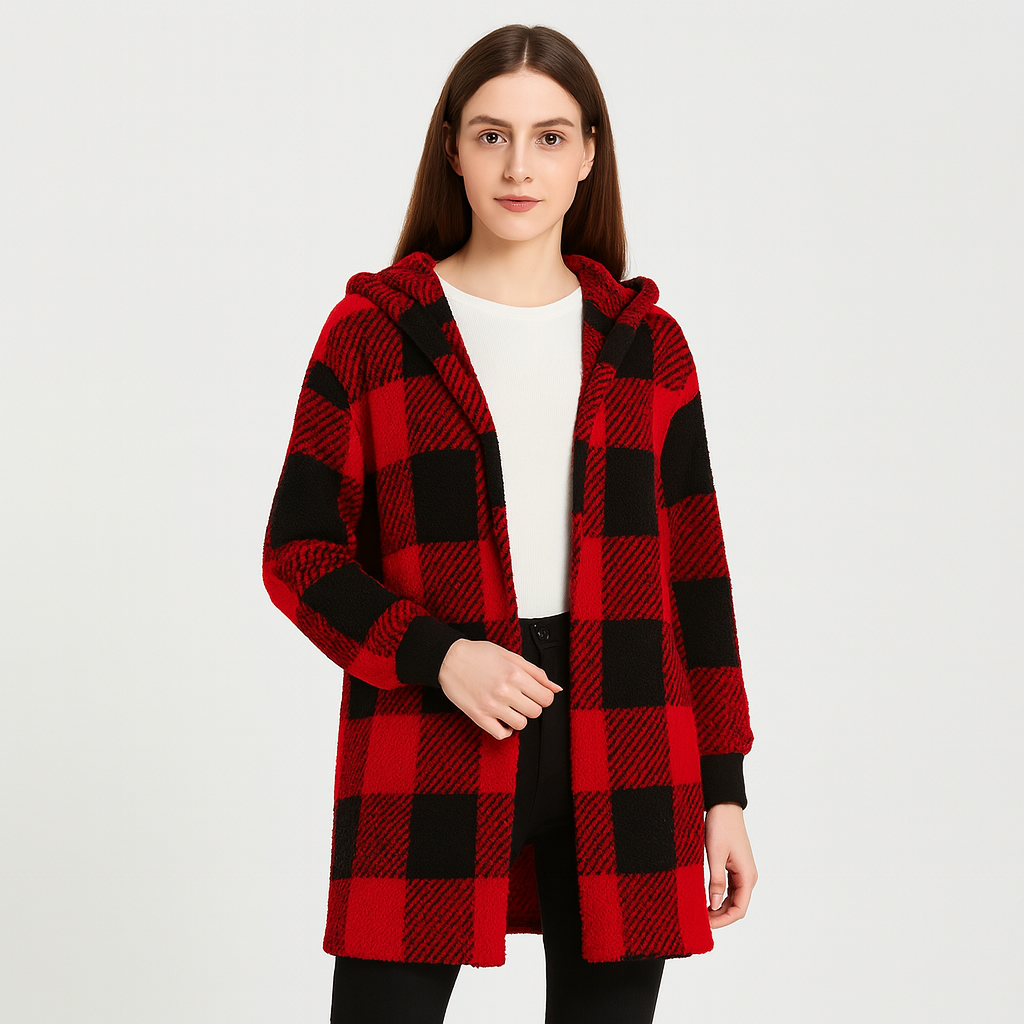 Ava | Kvinde Fleece-Cardigan med hætte og ternmønster