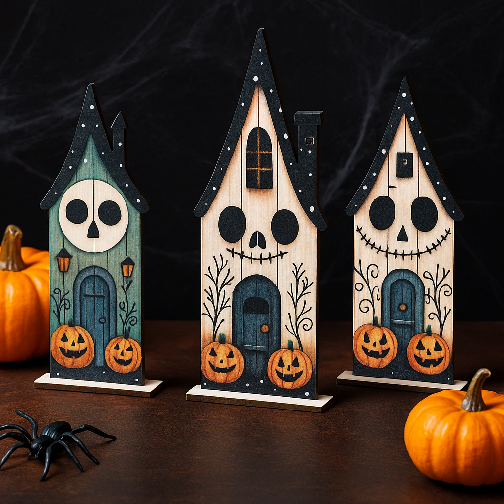 Træfigurer Halloween Sæt – 3 stk. Farverige 2D Trædekorationer