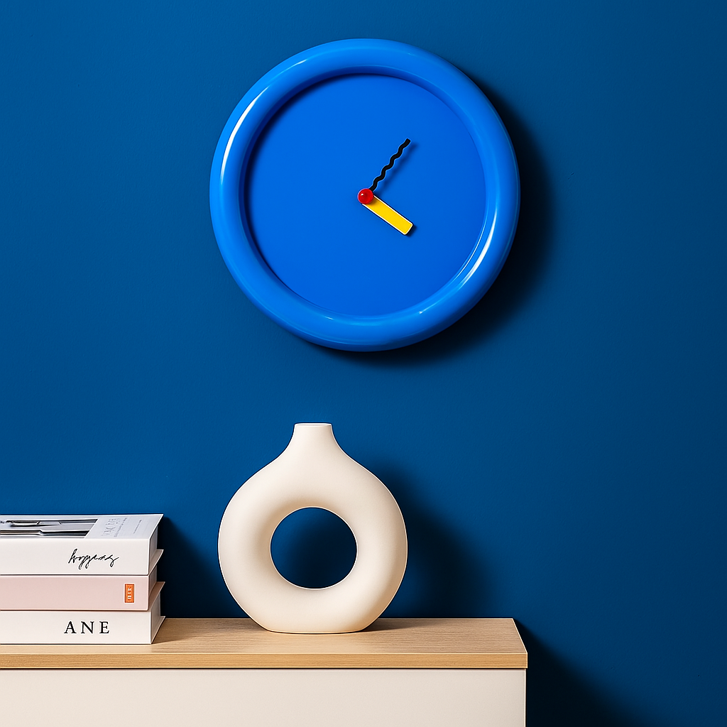 TimePop – Farverigt geometrisk vægur i Memphis-stil med dristigt kunstnerisk design
