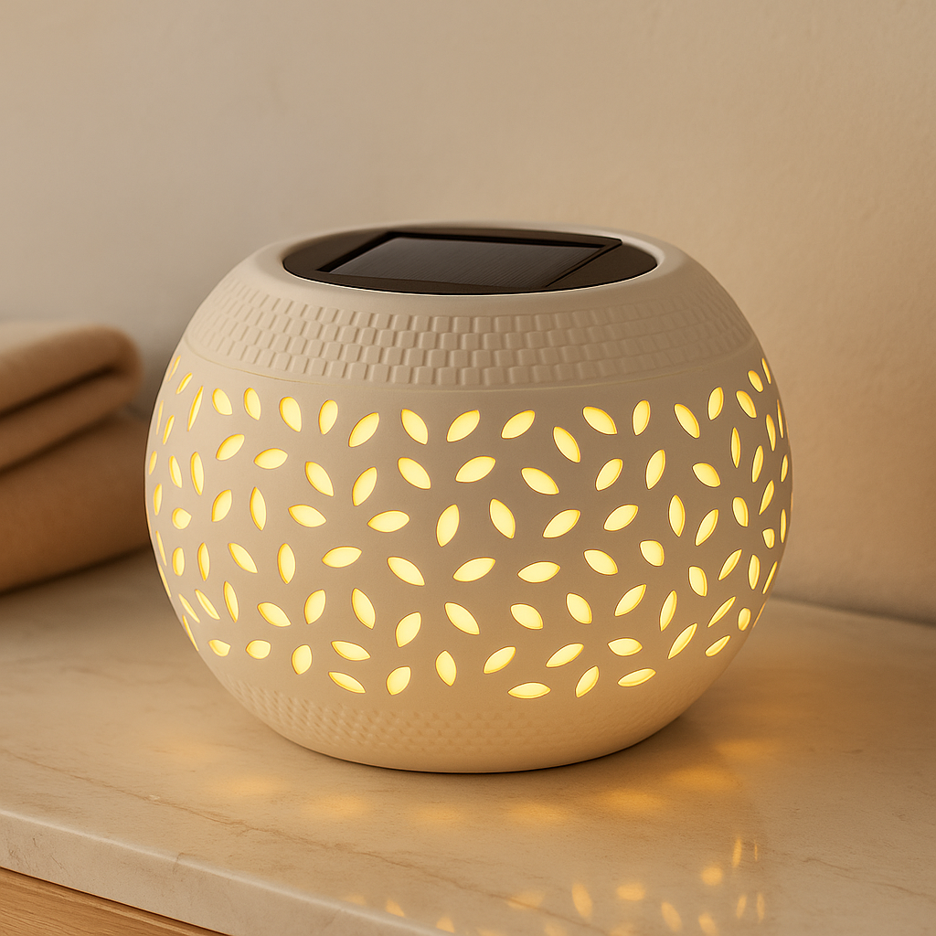 LumaWeave – Solcelledrevet bordlampe med hult udskåret mønster