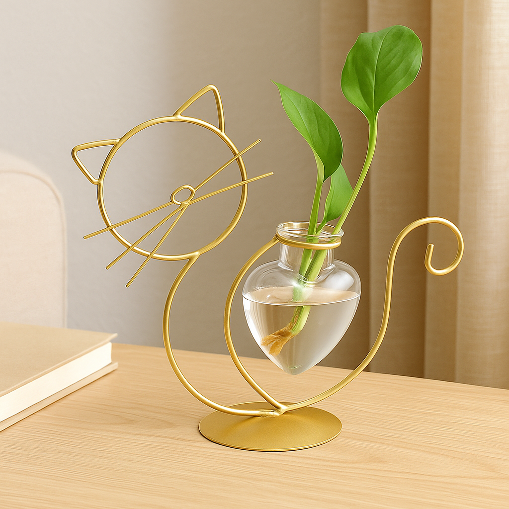 FelineBloom – Hjerteformet glasplantekasse med katteinspireret holder