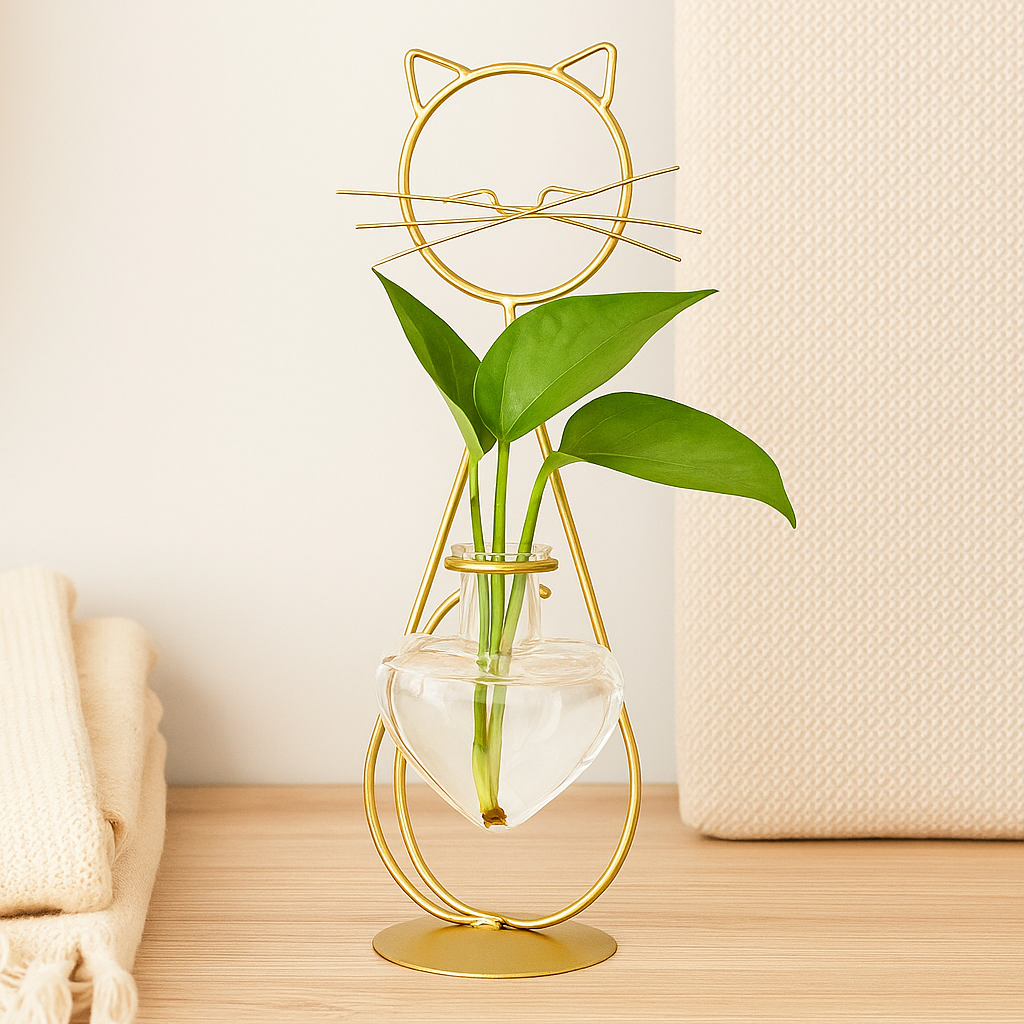 FelineBloom – Hjerteformet glasplantekasse med katteinspireret holder