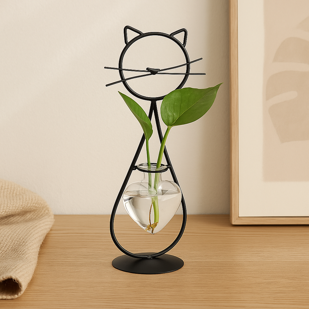 FelineBloom – Hjerteformet glasplantekasse med katteinspireret holder