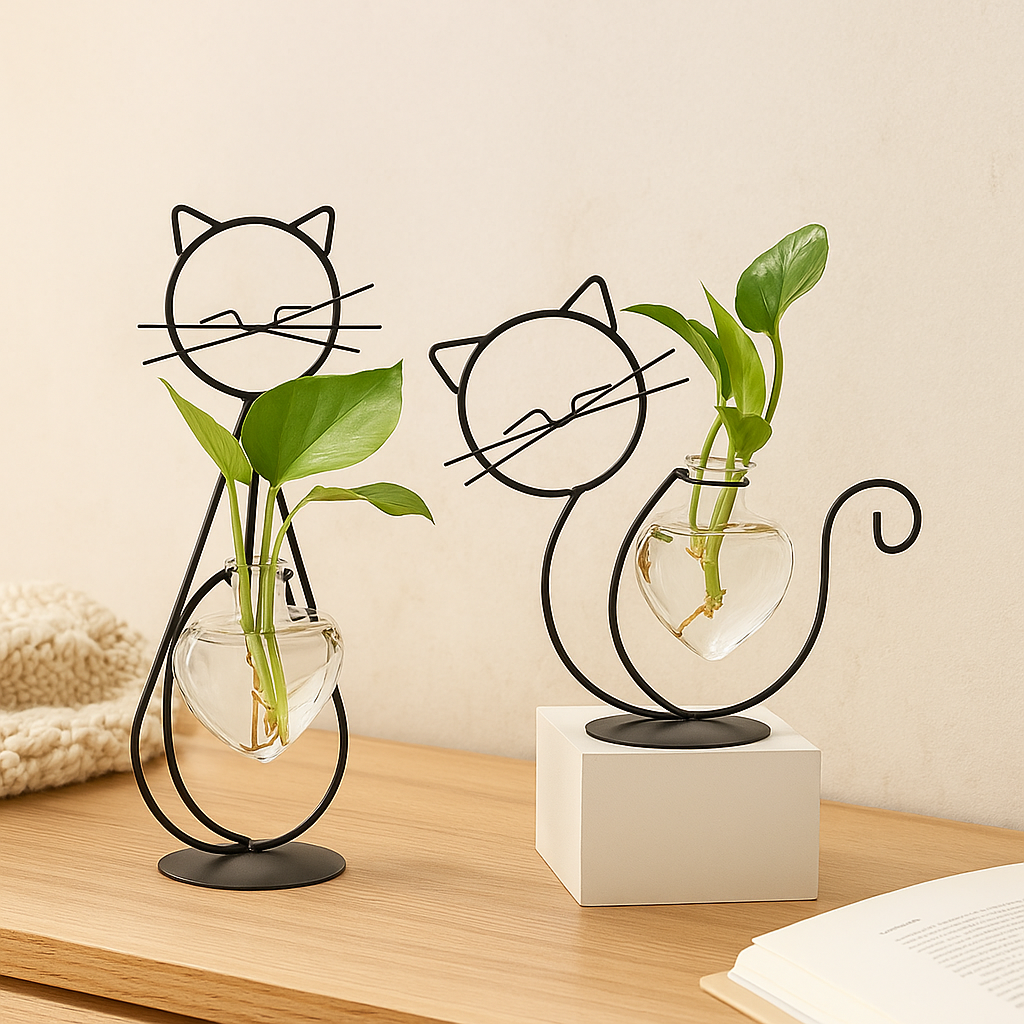 FelineBloom – Hjerteformet glasplantekasse med katteinspireret holder