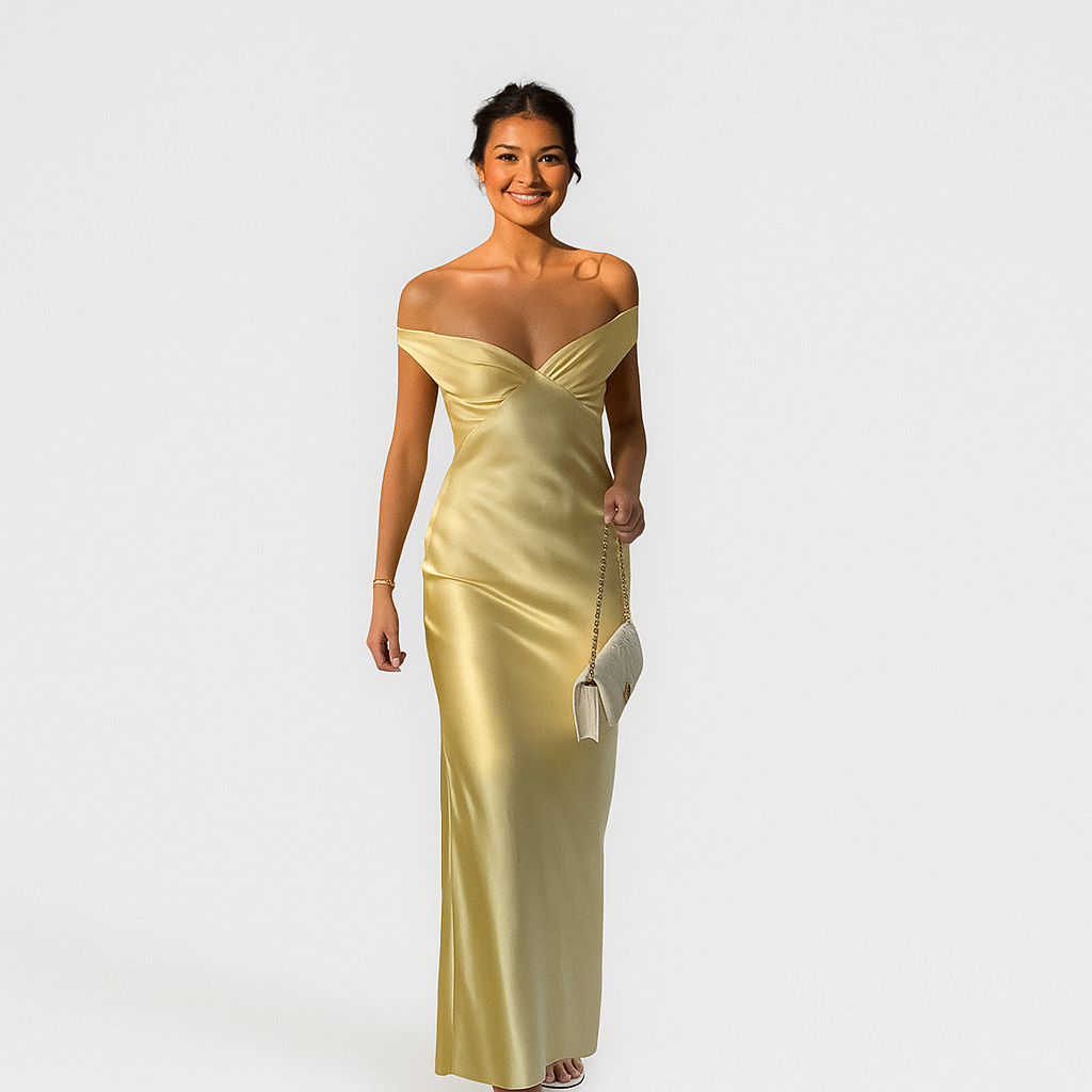 Marcelline – Stropløs Off-Shoulder Aftenkjole i Satin