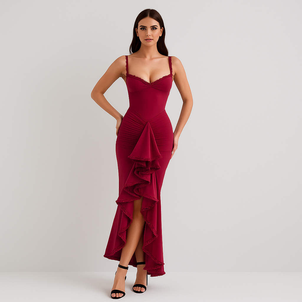 Selene – Ruched Ruffle Dovetail Party Dress