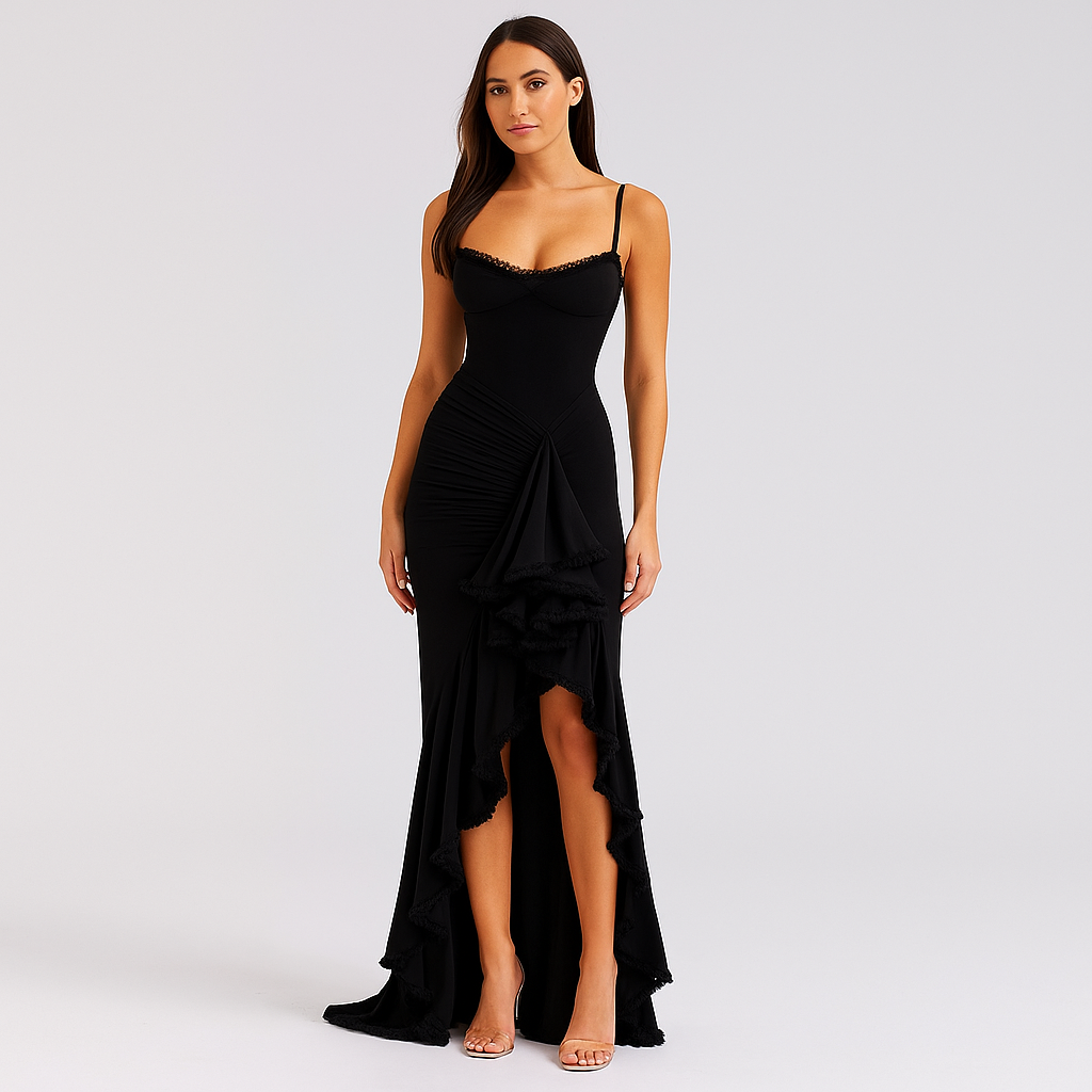Selene – Ruched Ruffle Dovetail Party Dress