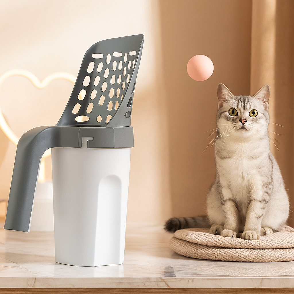 PurrScoop – Selvrensende kattebakke med indbygget dispenser til affaldsposer
