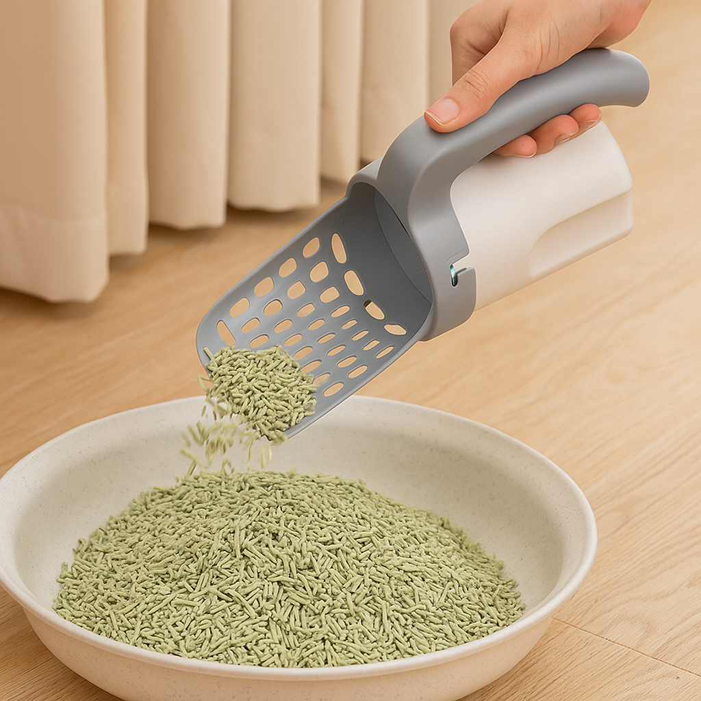 PurrScoop – Selvrensende kattebakke med indbygget dispenser til affaldsposer