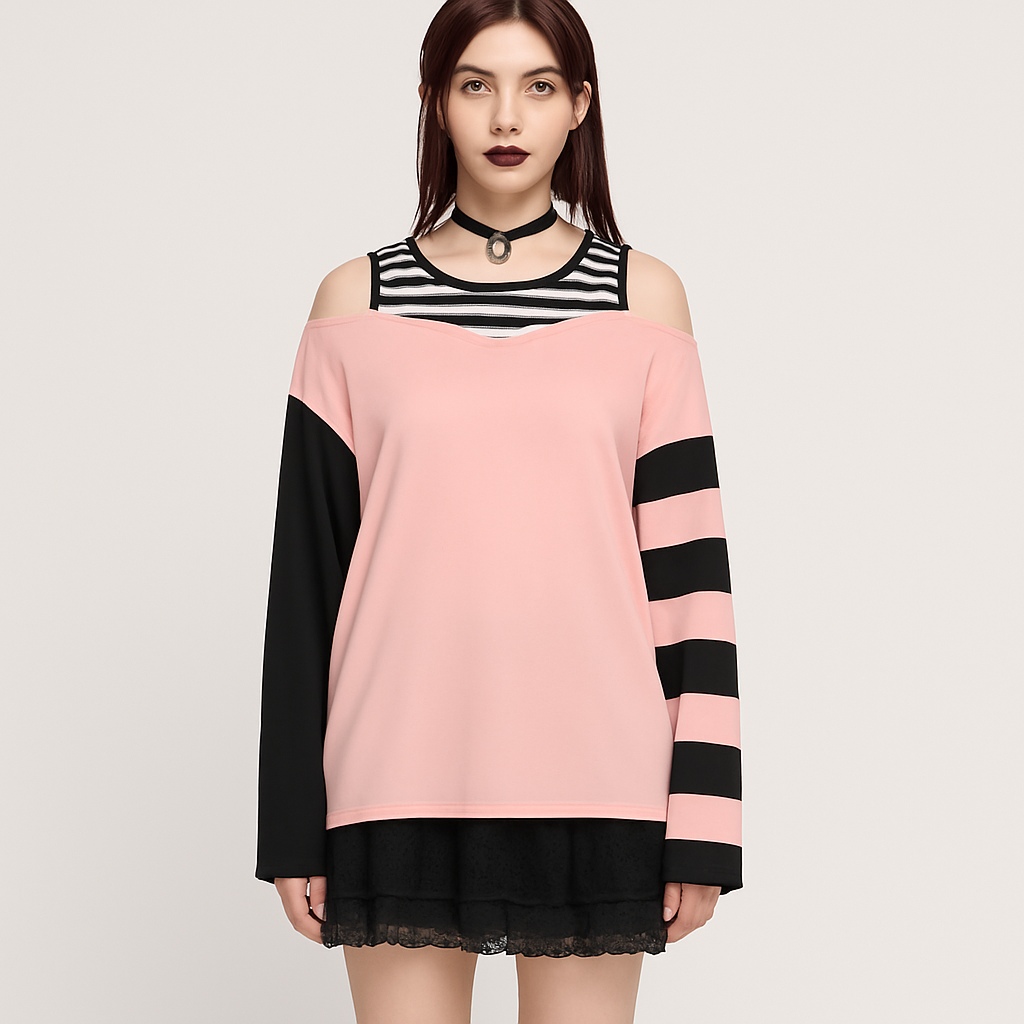 Chic Off-Shoulder Stribet Bluse med Asymmetrisk Kant – Trendy Top til Kvinder