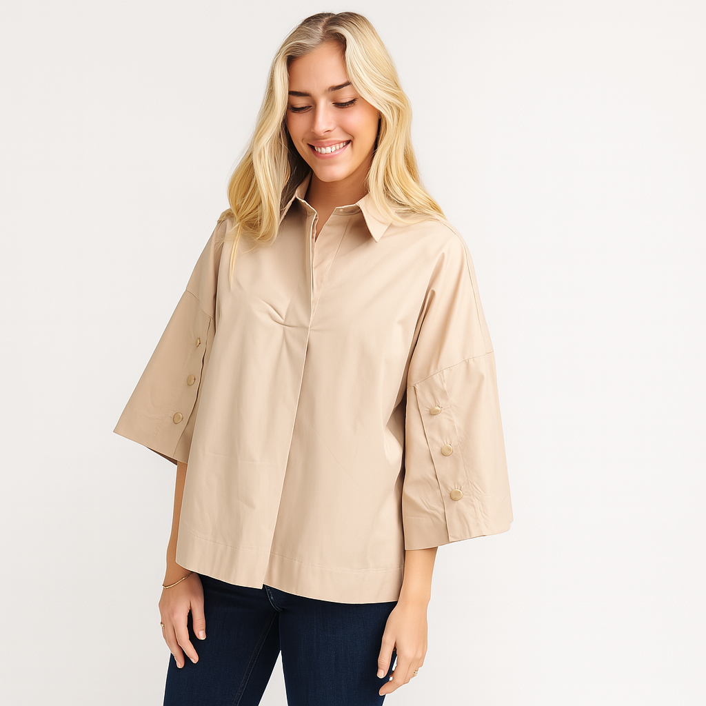 Nougat Oversized Skjorte i Bomuldsblanding – Dame Afslappet Pasform med Knapper