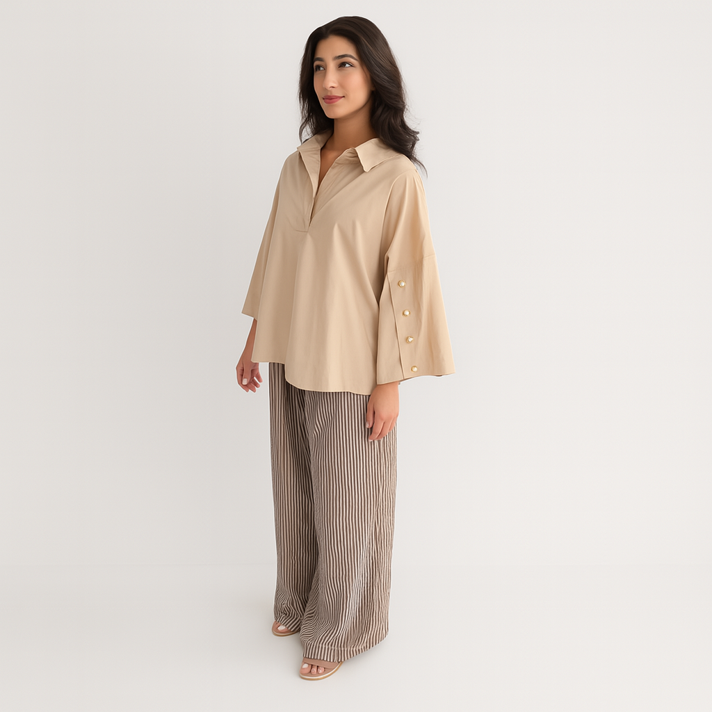 Nougat Oversized Skjorte i Bomuldsblanding – Dame Afslappet Pasform med Knapper