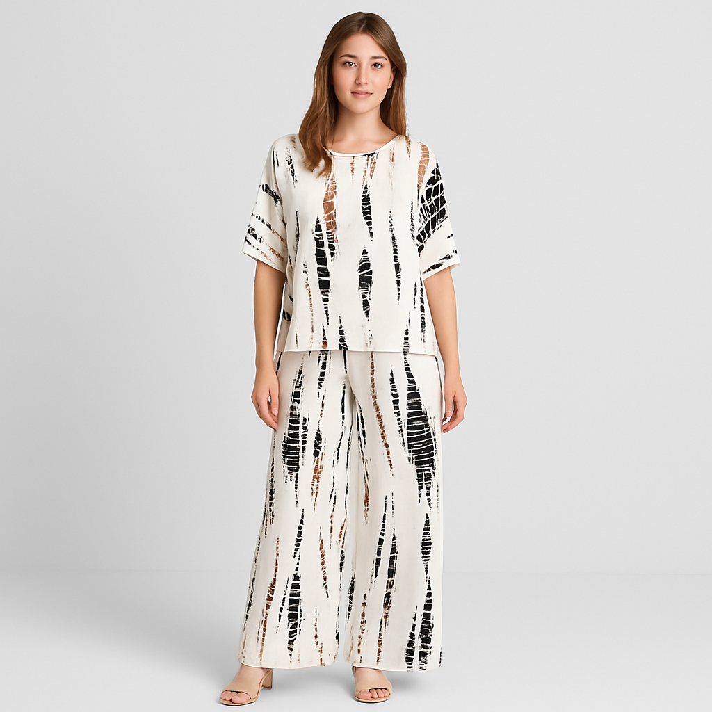 Elise Casual Two-Piece Sæt – Top med rund hals og bukser med vide ben for en ubesværet stil