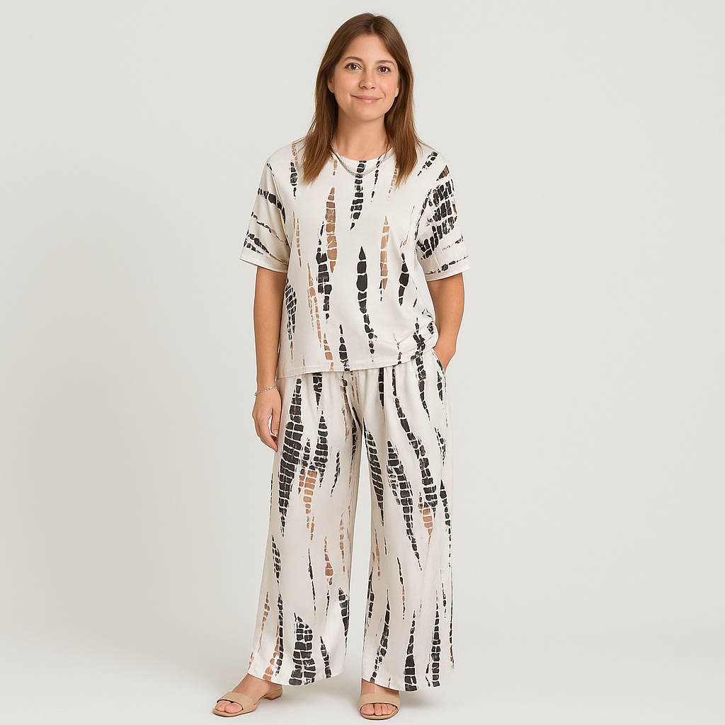 Elise Casual Two-Piece Sæt – Top med rund hals og bukser med vide ben for en ubesværet stil