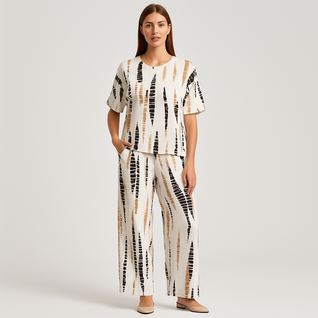 Elise Casual Two-Piece Sæt – Top med rund hals og bukser med vide ben for en ubesværet stil