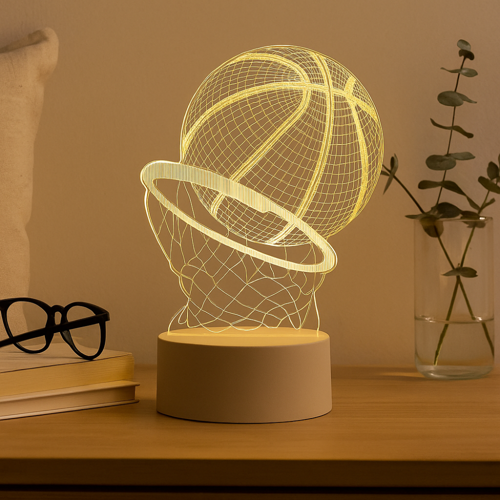 CourtGlow 3D Basketball LED Natlampe – Svævende illusionslys til sportsfans
