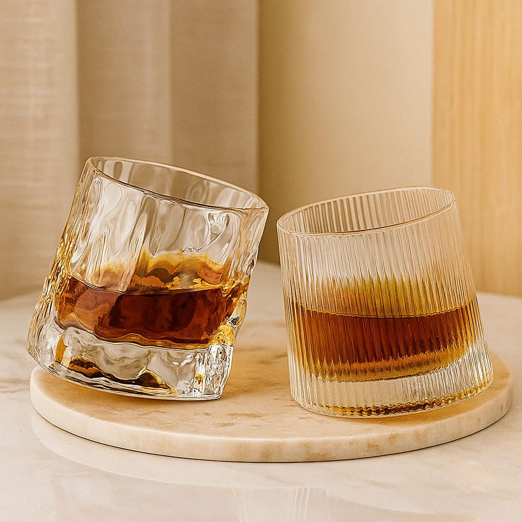 SwirlSip – Roterende tekstureret whiskyglas med iøjnefaldende ribbet design