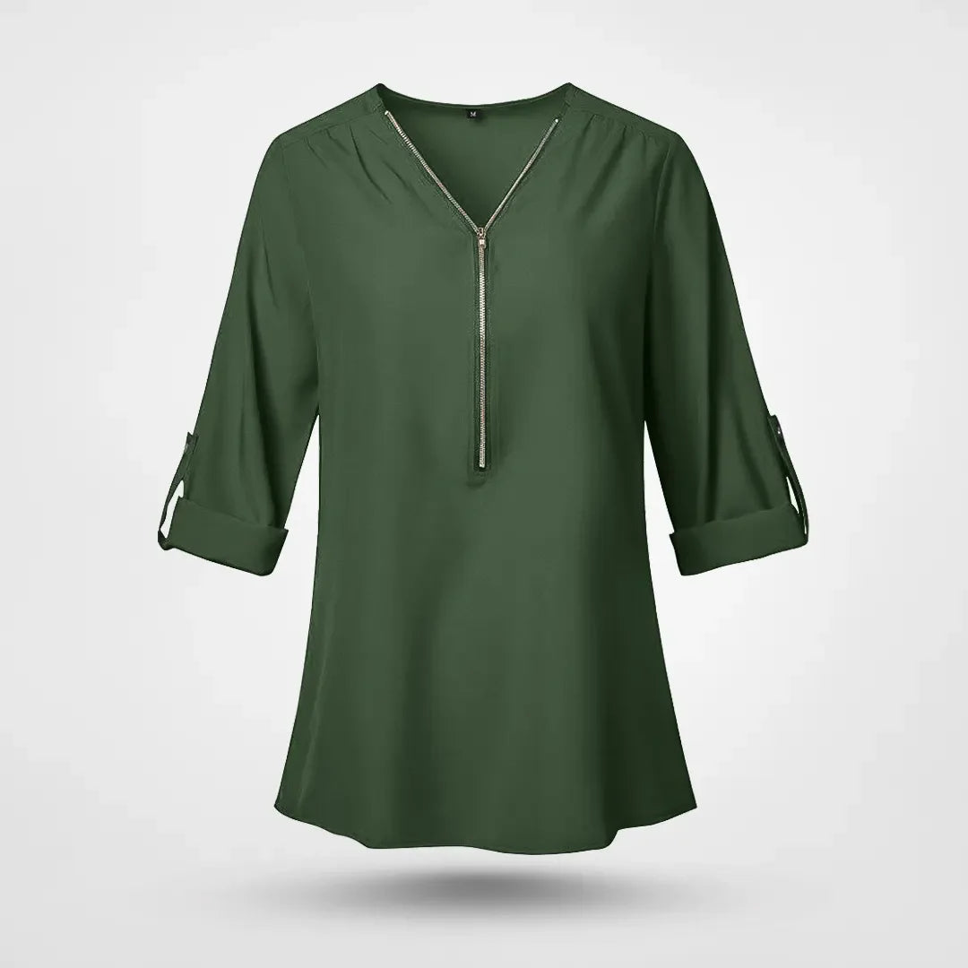 Belina - Elegant chiffonbluse med V-hals lynlås