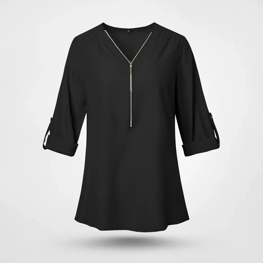 Belina - Elegant chiffonbluse med V-hals lynlås