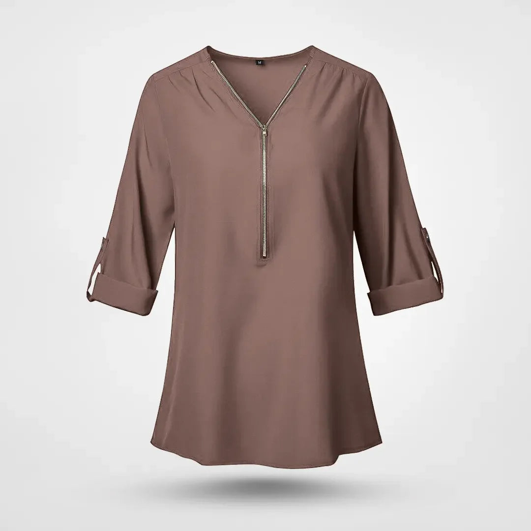 Belina - Elegant chiffonbluse med V-hals lynlås