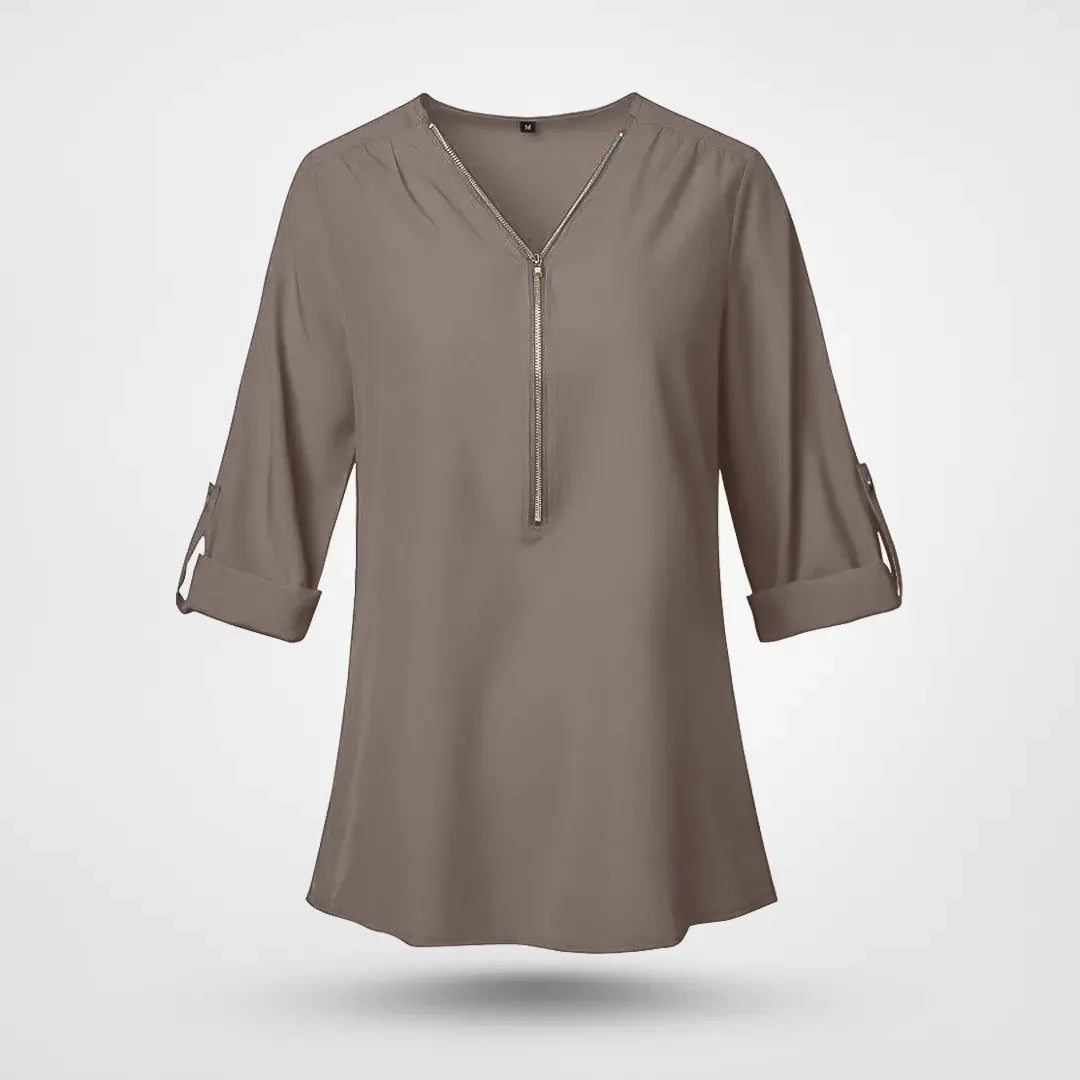 Belina - Elegant chiffonbluse med V-hals lynlås
